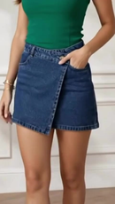 Short Saia Jeans Feminino Cintura Alta com Bolso Sem Lycra Confortável e Versátil Tendência
