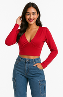 Blusa Cropped Manga Longa Feminina Suplex Premium Decote em V Forro Interno Qualidade Moda 2025 ( Mariah )