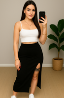 Saia Cintura Alta Feminina Longa com Fenda Estilo Midi para o Verão, Elegante, Leve, Moda Feminina