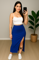 Saia Cintura Alta Feminina Longa com Fenda Estilo Midi para o Verão, Elegante, Leve, Moda Feminina