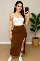 Saia Cintura Alta Feminina Longa com Fenda Estilo Midi para o Verão, Elegante, Leve, Moda Feminina