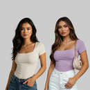 KIT COM 2 BLUSINHAS BABY LOOK BÁSICAS COM DECOTE QUADRADO VARIAS CORES VERÃO
