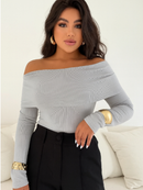 Blusa Ombro a Ombro Feminina Gola Babado Manga Longa Rivana Elegante