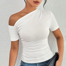 Blusa Feminina Suplex com Manga Curta Assimétrica Drapeada Verão Elegante Casual Ombro a Ombro