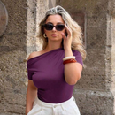 Blusa Feminina Suplex com Manga Curta Assimétrica Drapeada Verão Elegante Casual Ombro a Ombro
