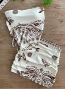 Conjunto Feminino Estampado Cropped Tomara que Caia Assimétrico com Bojo + Mini Saia Franzida Verão