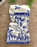 CONJUNTO ESTAMPADO TOMARA QUE CAIA ASSIMÉTRICO + MINI SAIA FRANZIDA