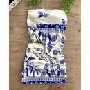CONJUNTO ESTAMPADO TOMARA QUE CAIA ASSIMÉTRICO + MINI SAIA FRANZIDA