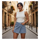 Short Saia Jeans Feminino Cintura Alta com Bolso Sem Lycra Confortável e Versátil Tendência