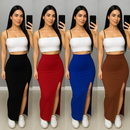 Saia Cintura Alta Feminina Longa com Fenda Estilo Midi para o Verão, Elegante, Leve, Moda Feminina