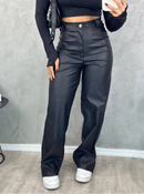 Calça Couro Fake Feminina Wide Leg Cintura Alta Pantalona Preta PU Premium Modela Corpo